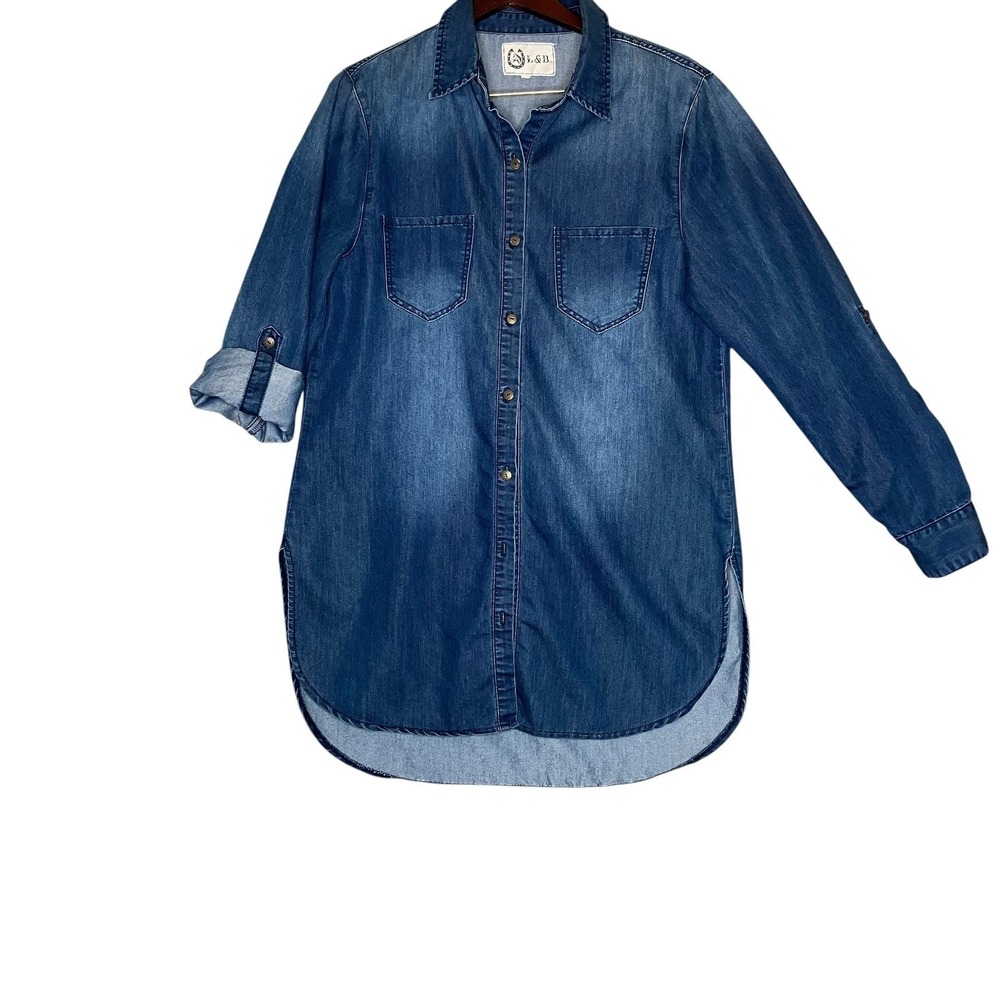 L&B Denim Tunic Shirt Womens M Long Sleeve Button Up Roll Tab Western Cowgirl